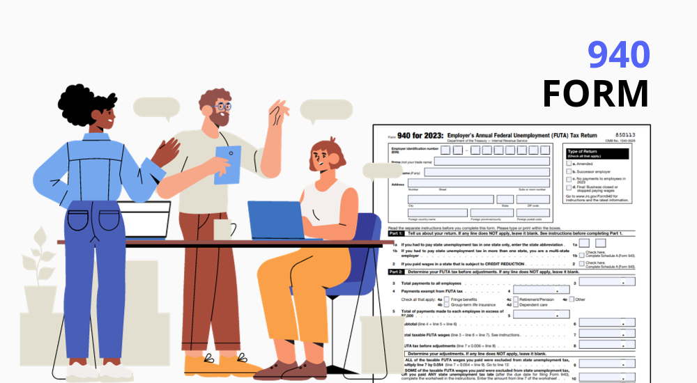 The 940 FUTA tax form copy and the image of a group of people